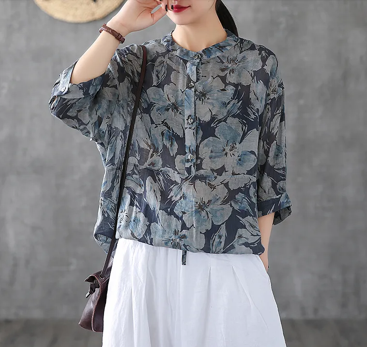 Patterned Summer Women Casual Blouse Cotton Linen Shirts Tops DZA2007133