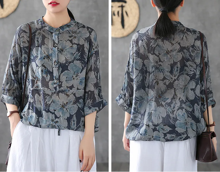 Patterned Summer Women Casual Blouse Cotton Linen Shirts Tops DZA2007133