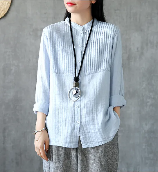 Pleated Chest Summer Women Casual Blouse Cotton Linen Shirts  Women Tops DZA2005248