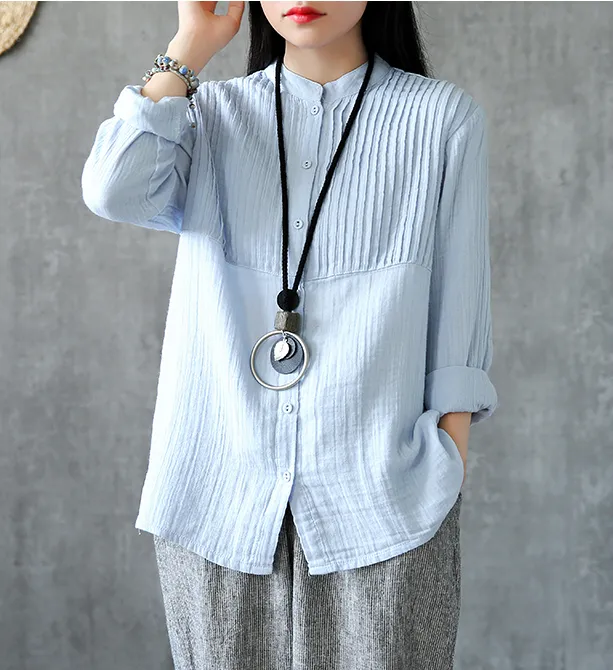 Pleated Chest Summer Women Casual Blouse Cotton Linen Shirts  Women Tops DZA2005248