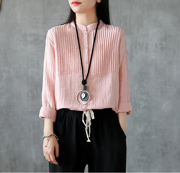 Pleated Chest Summer Women Casual Blouse Cotton Linen Shirts  Women Tops DZA2005248