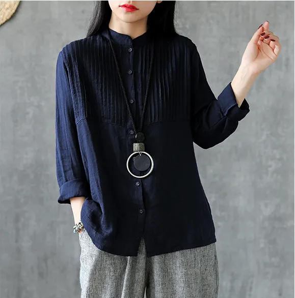 Pleated Chest Summer Women Casual Blouse Cotton Linen Shirts  Women Tops DZA2005248