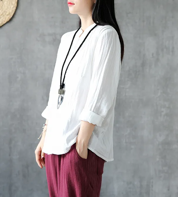 Pleated Chest Summer Women Casual Blouse Cotton Linen Shirts  Women Tops DZA2005248