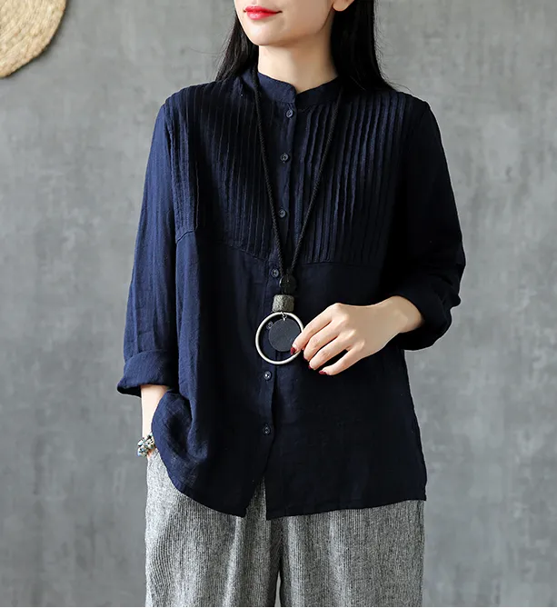 Pleated Chest Summer Women Casual Blouse Cotton Linen Shirts  Women Tops DZA2005248