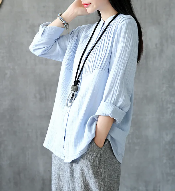 Pleated Chest Summer Women Casual Blouse Cotton Linen Shirts  Women Tops DZA2005248