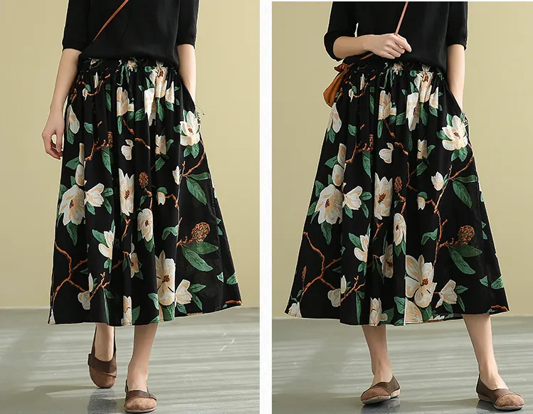 Print Casual Cotton Linen loose fitting Women's Skirts DZA2007131