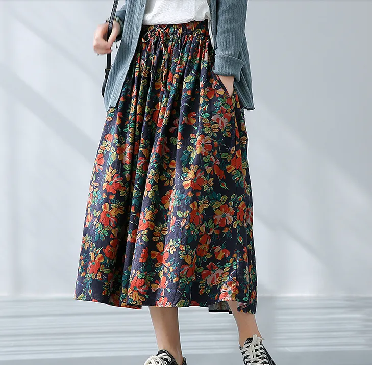 Print Casual Cotton Linen loose fitting Women's Skirts DZA2007131