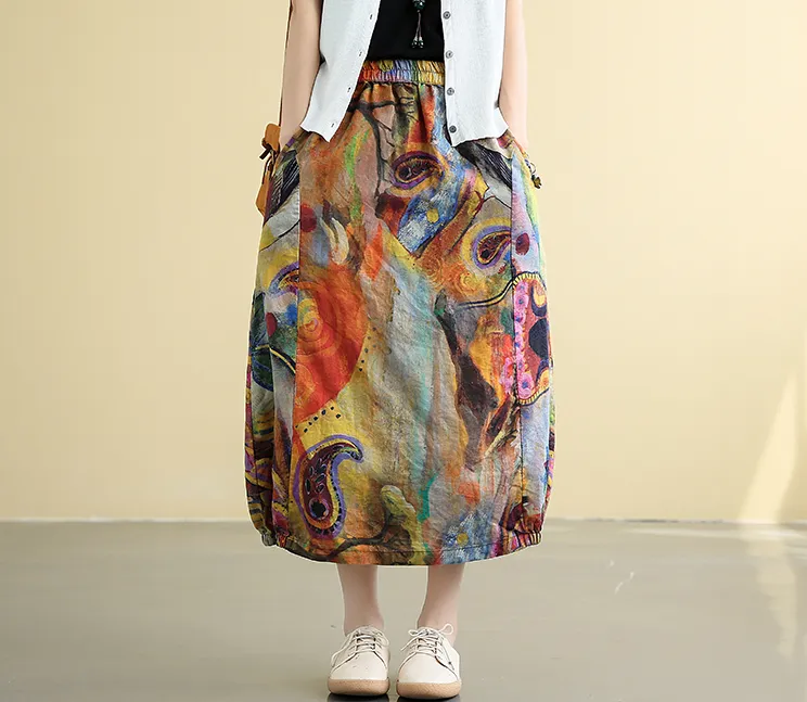 Printed Casual Cotton Linen loose fitting Women's Skirts DZA2007222