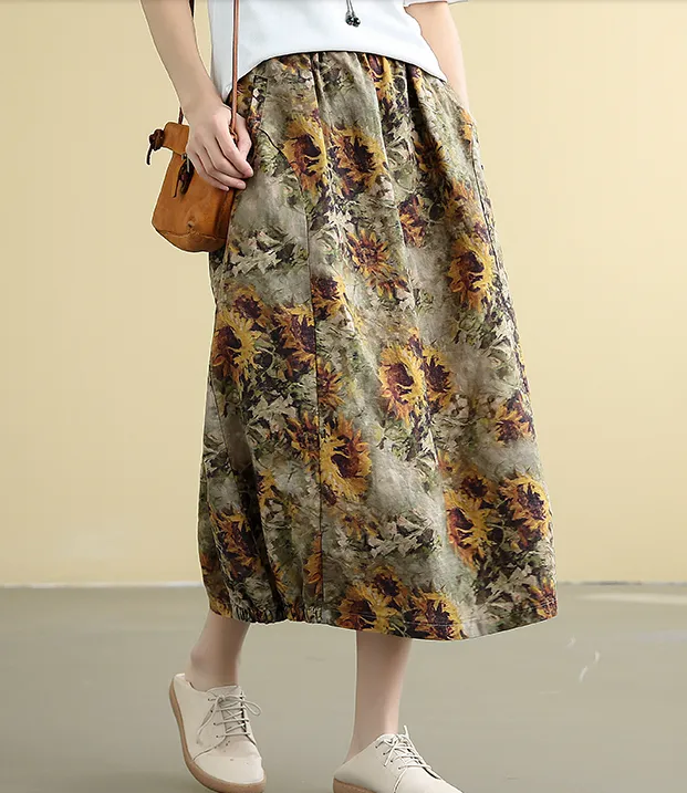 Printed Casual Cotton Linen loose fitting Women's Skirts DZA2007222