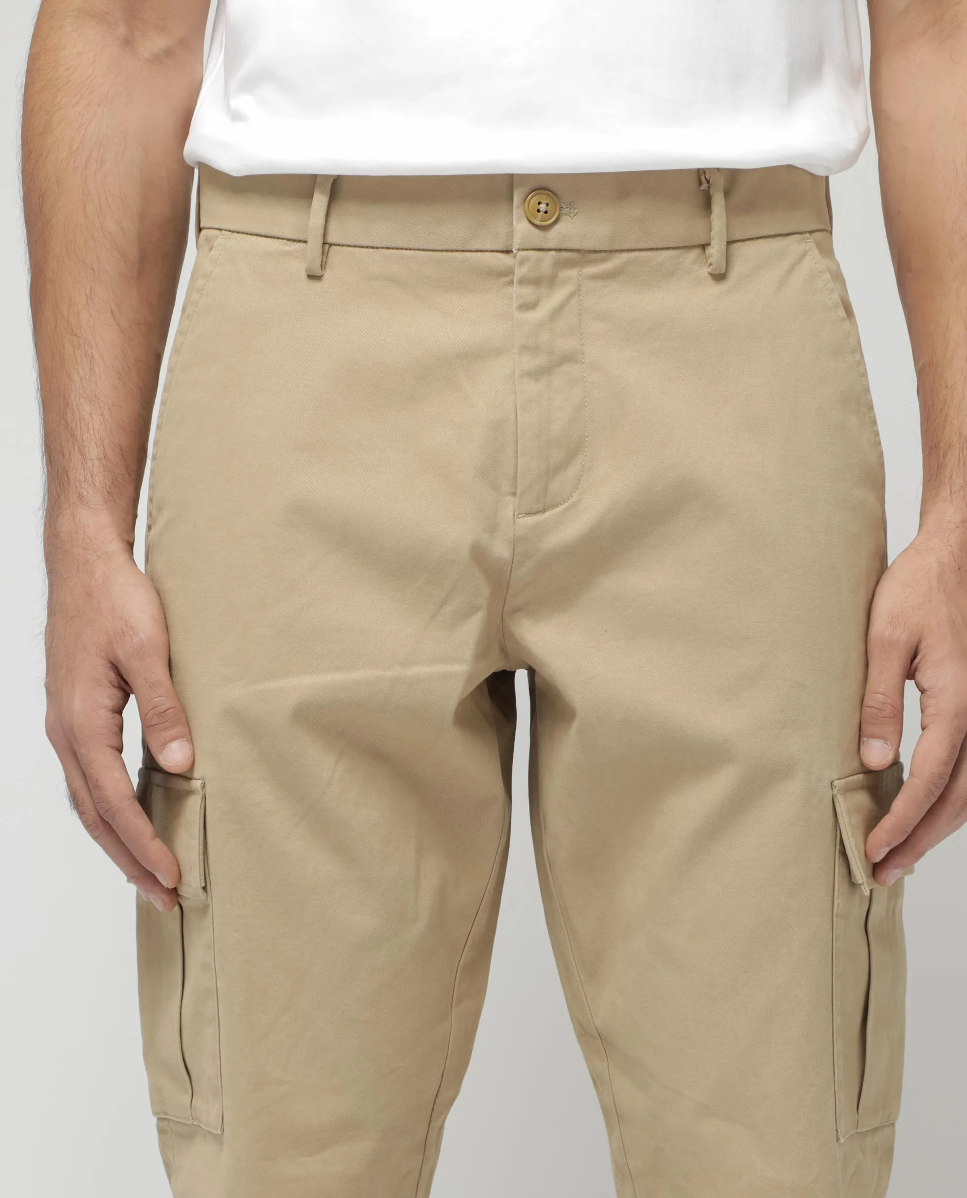 Rare Rabbit Mens Apex Beige Cotton Linen Solid Cargo Style Regular Fit Trouser