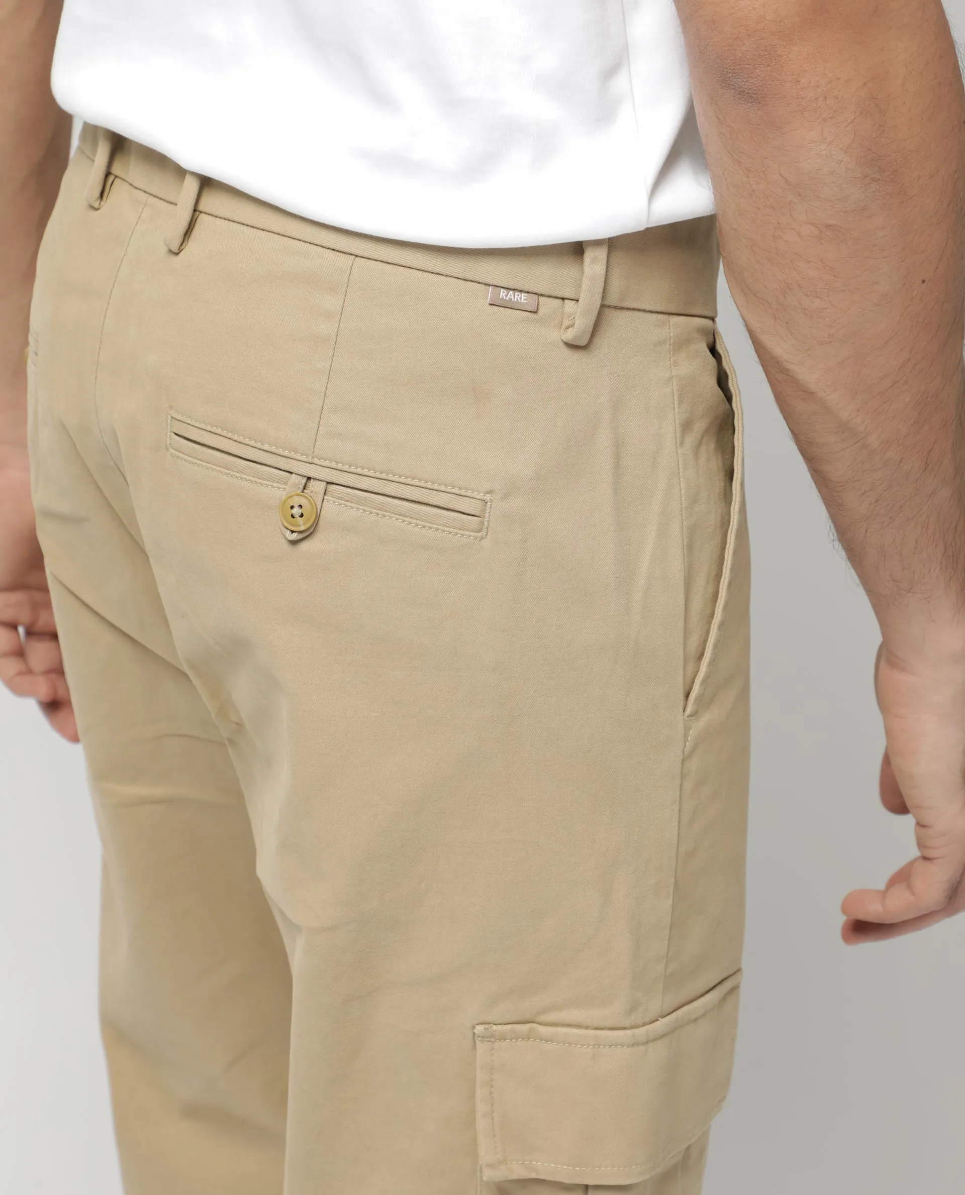 Rare Rabbit Mens Apex Beige Cotton Linen Solid Cargo Style Regular Fit Trouser