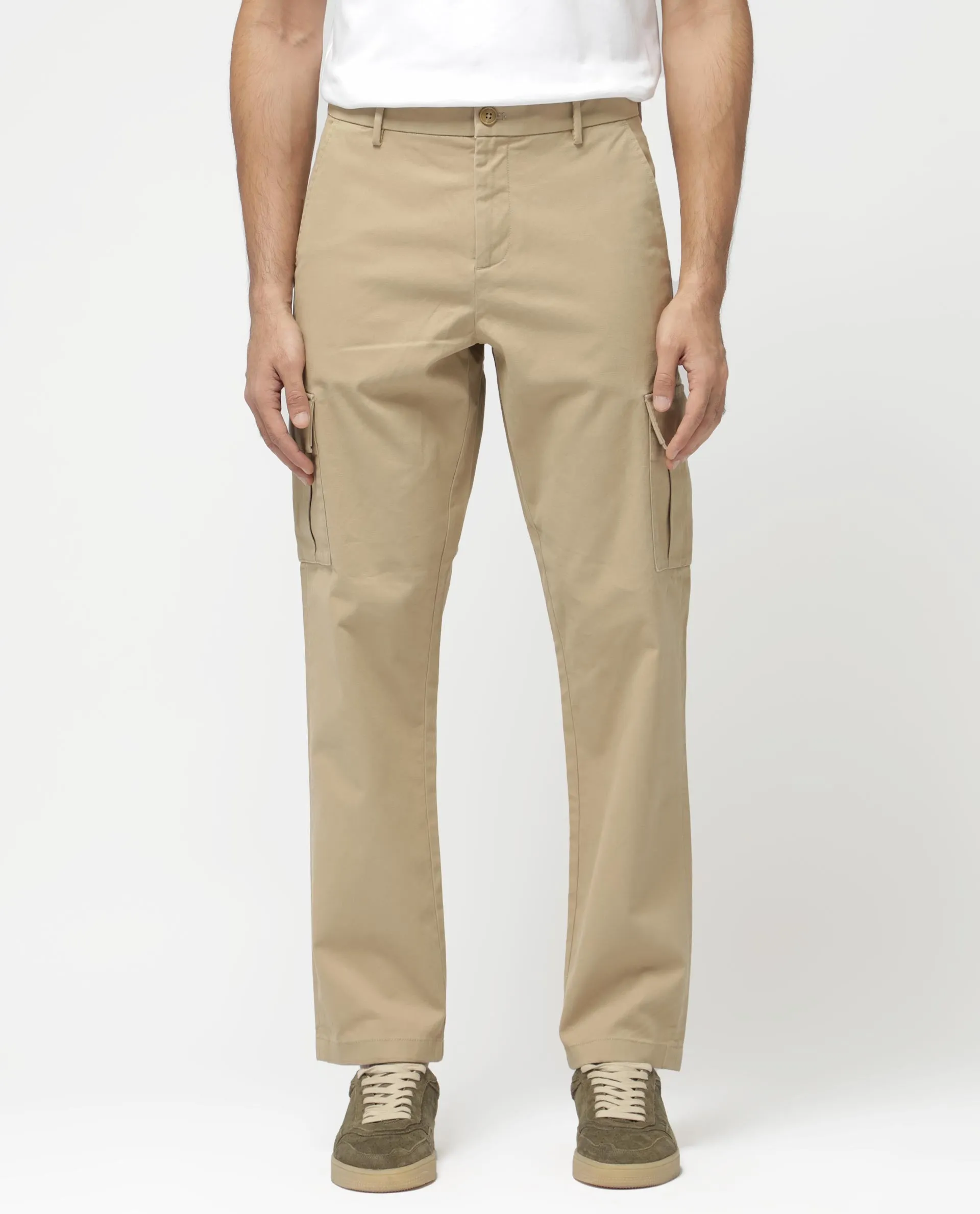 Rare Rabbit Mens Apex Beige Cotton Linen Solid Cargo Style Regular Fit Trouser