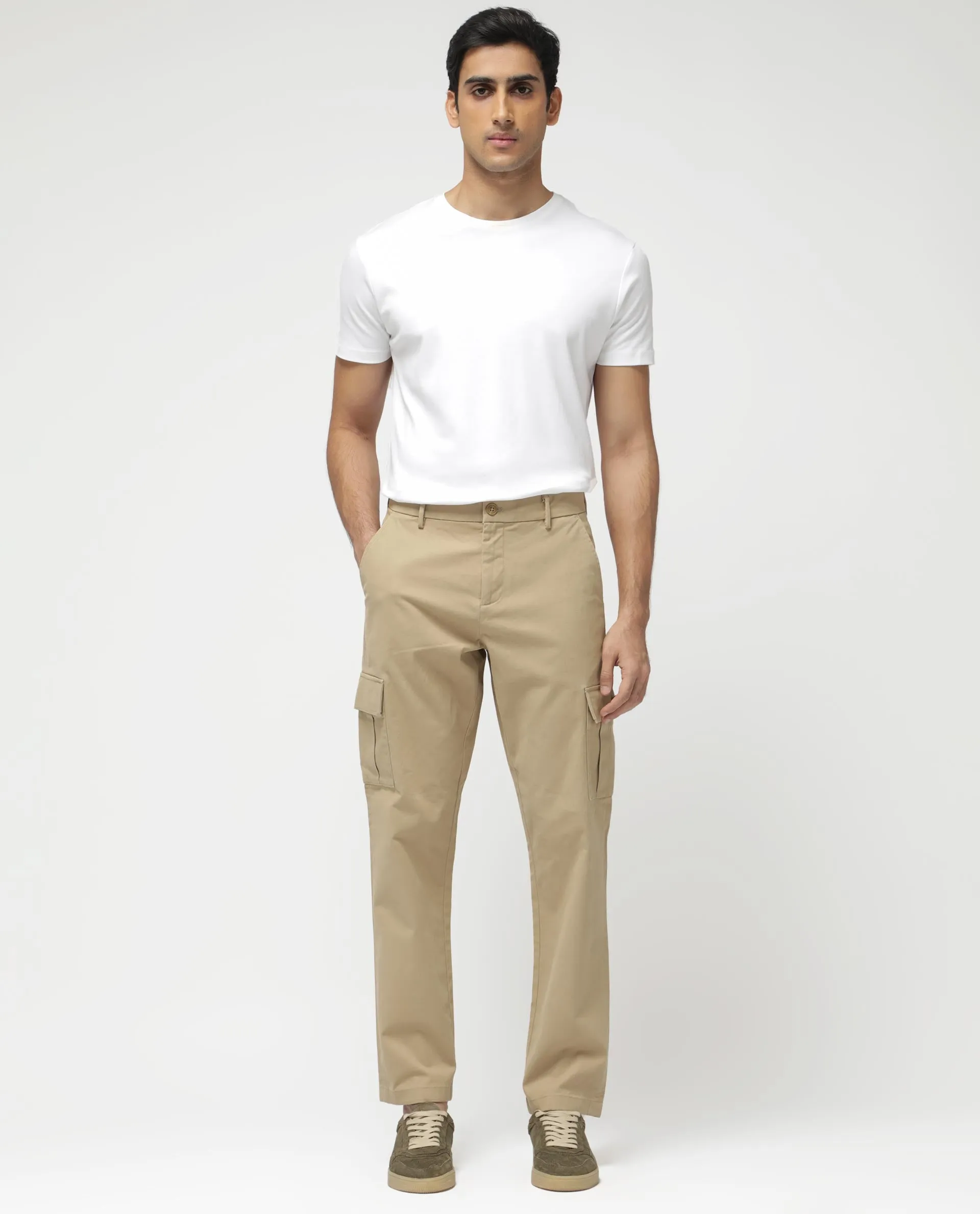 Rare Rabbit Mens Apex Beige Cotton Linen Solid Cargo Style Regular Fit Trouser