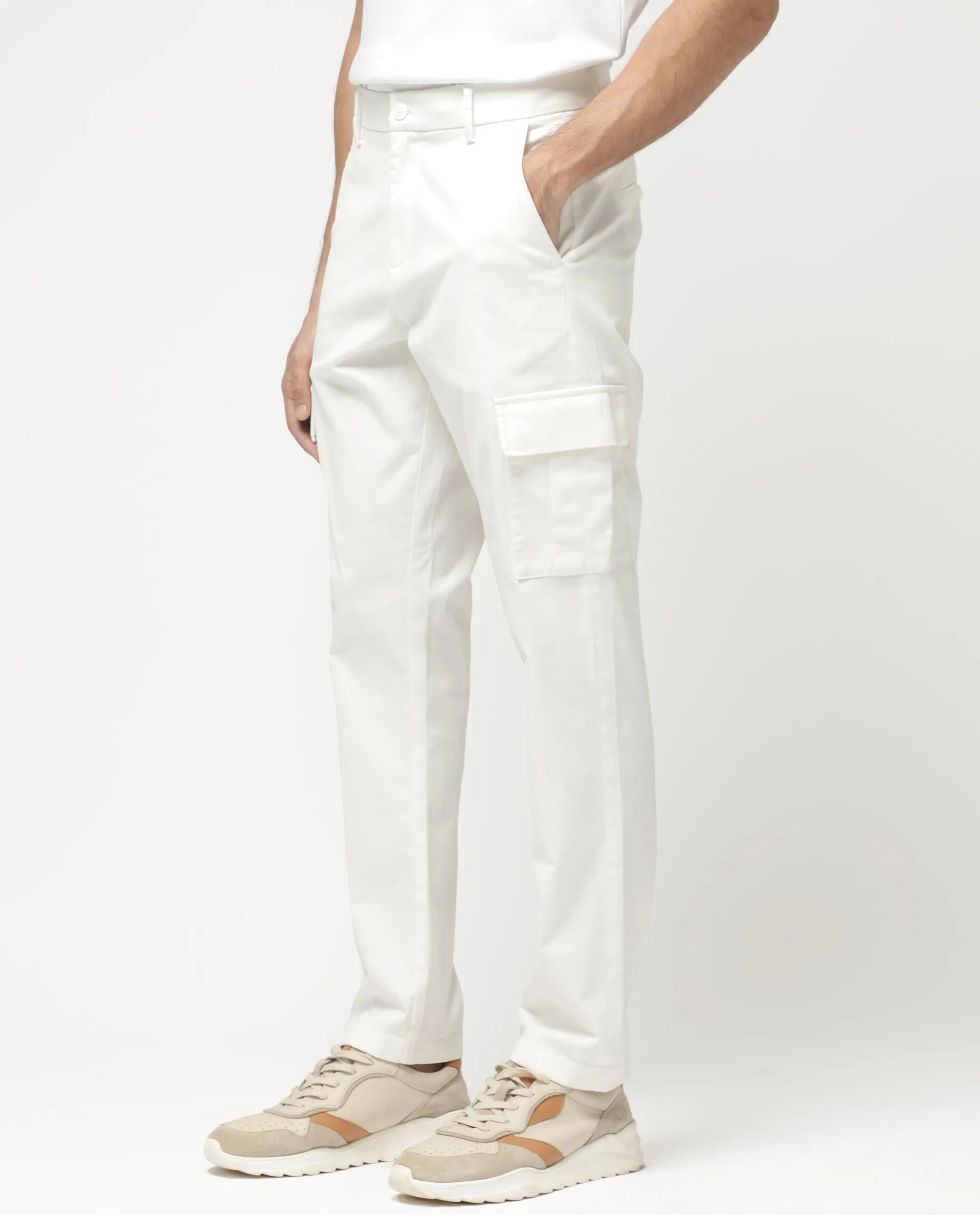 Rare Rabbit Mens Apex Light White Cotton Linen Solid Cargo Style Regular Fit Trouser