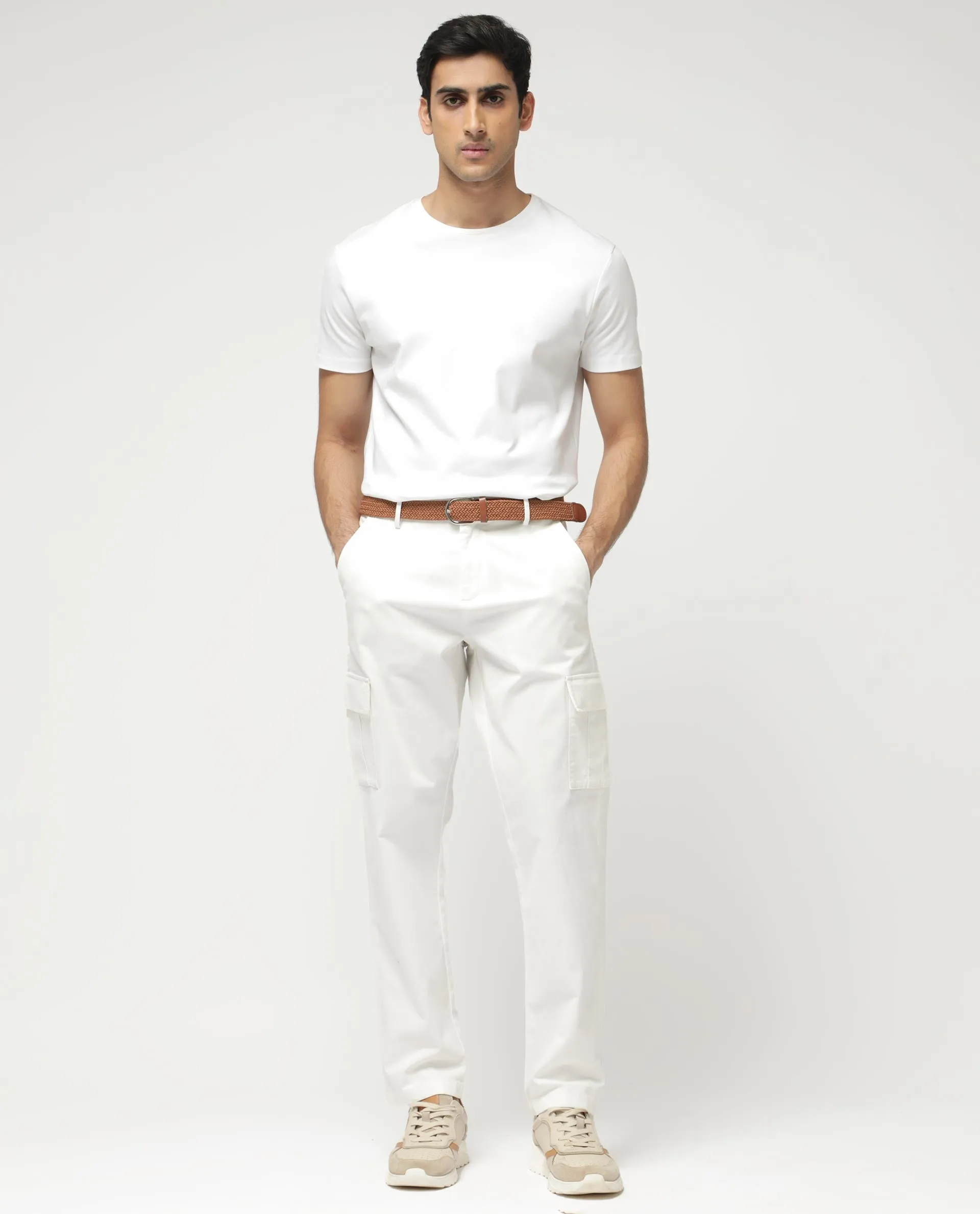 Rare Rabbit Mens Apex Light White Cotton Linen Solid Cargo Style Regular Fit Trouser