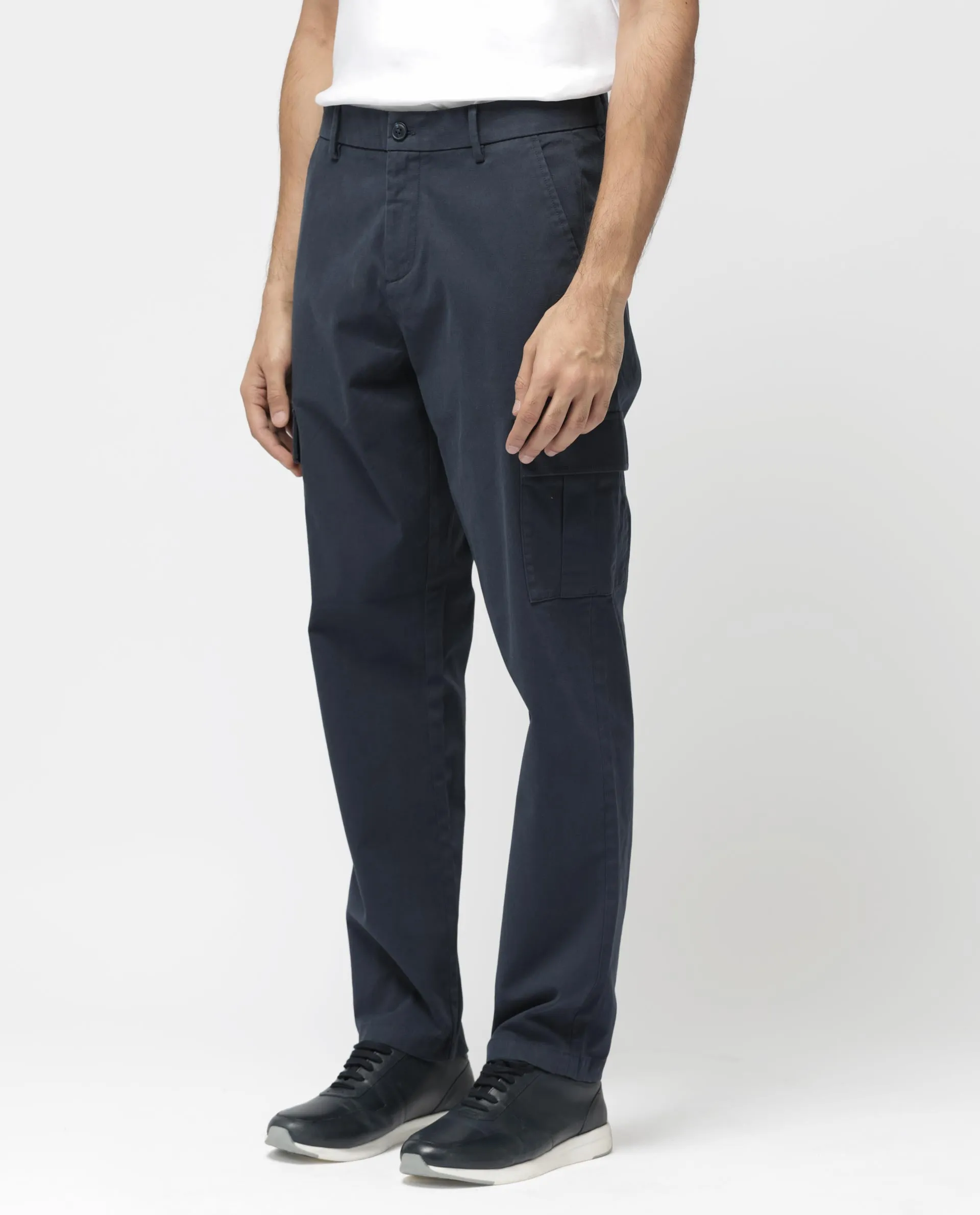 Rare Rabbit Mens Apex Navy Cotton Linen Solid Cargo Style Regular Fit Trouser