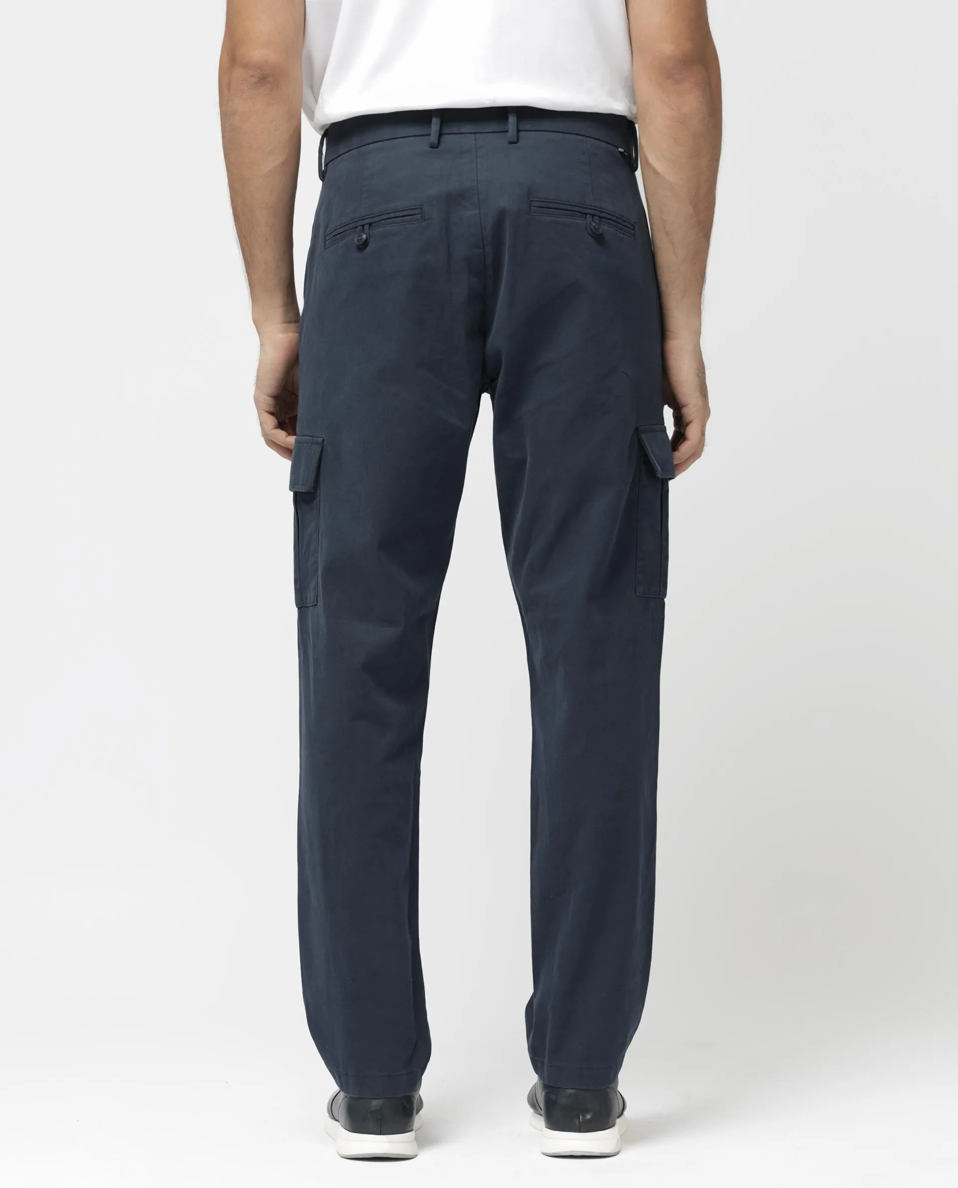 Rare Rabbit Mens Apex Navy Cotton Linen Solid Cargo Style Regular Fit Trouser