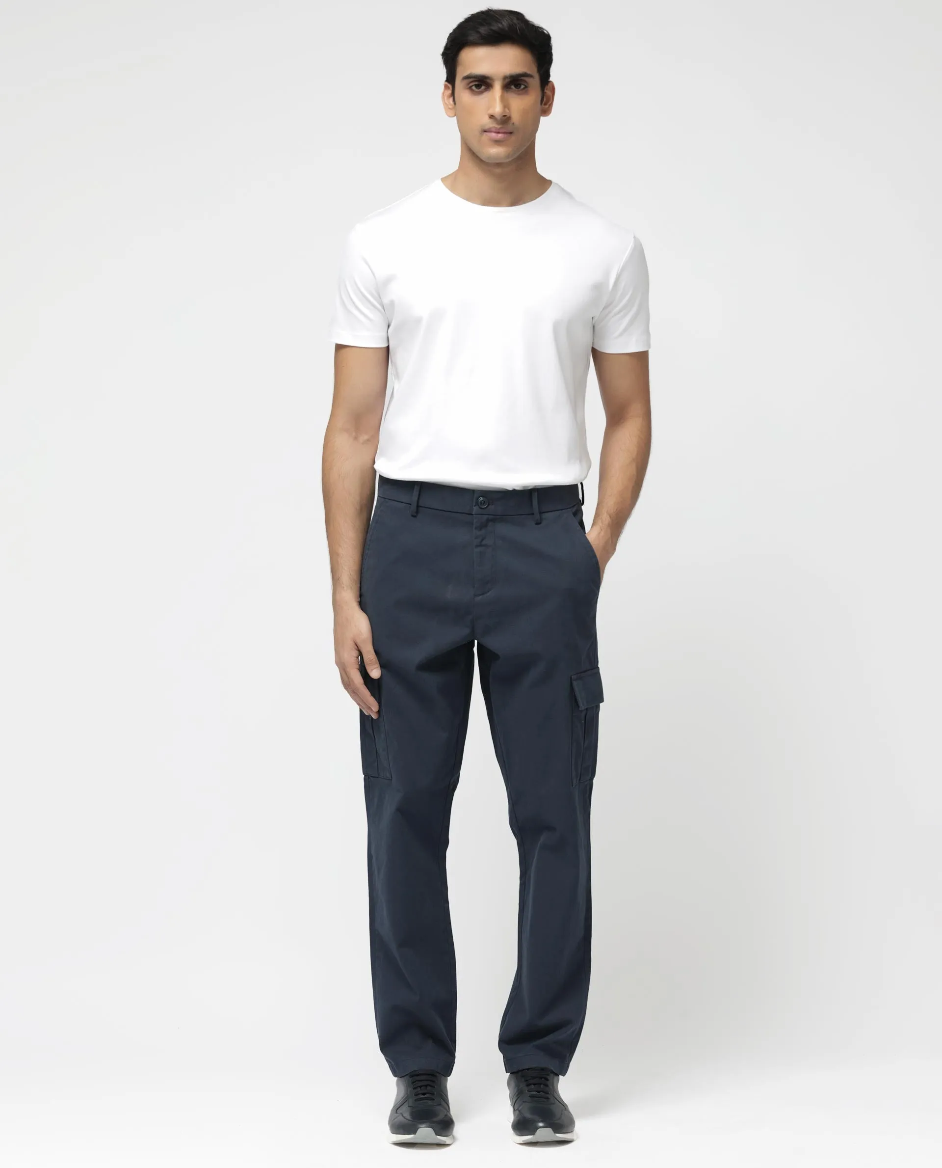 Rare Rabbit Mens Apex Navy Cotton Linen Solid Cargo Style Regular Fit Trouser