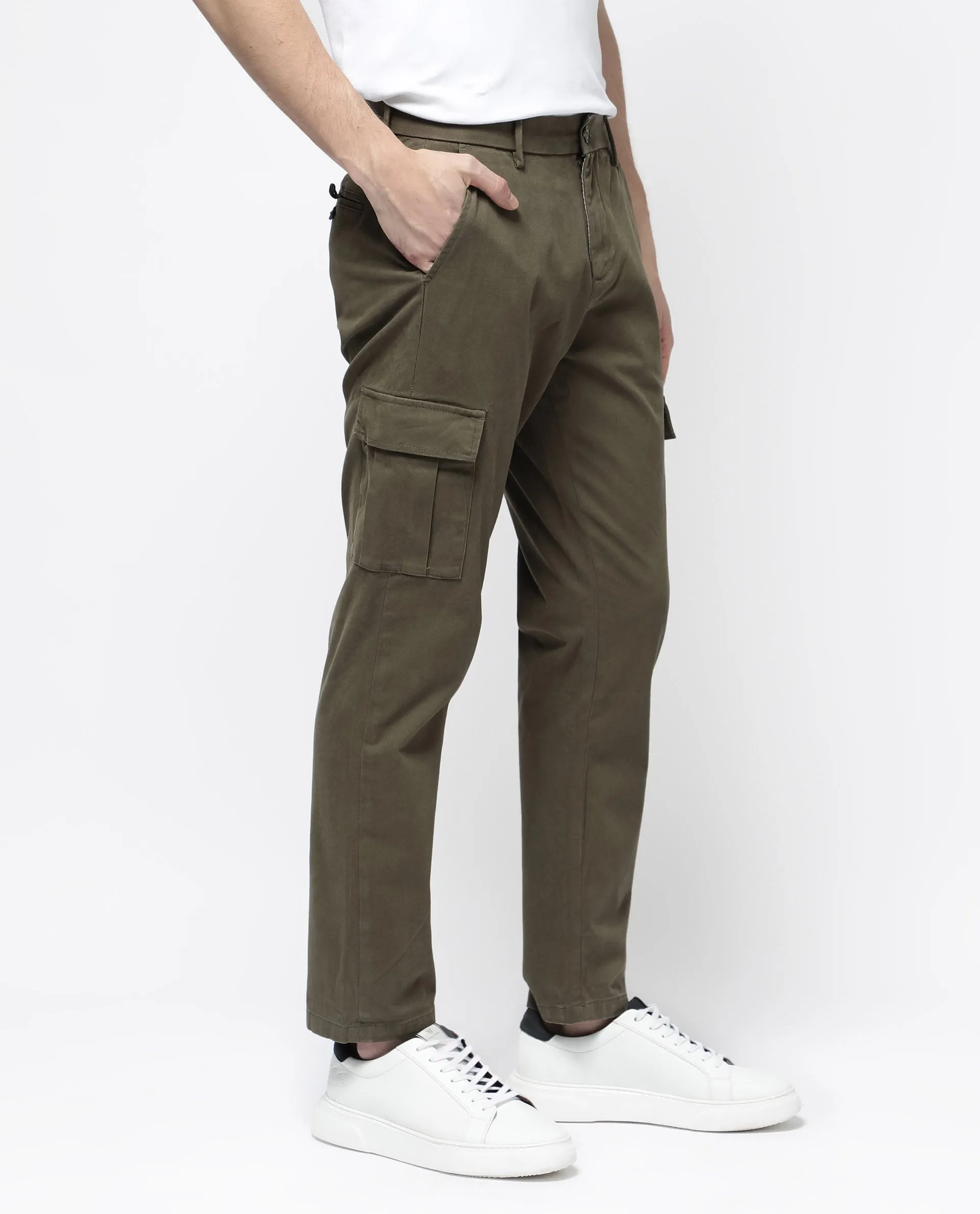 Rare Rabbit Mens Apex Olive Cotton Linen Solid Cargo Style Regular Fit Trouser