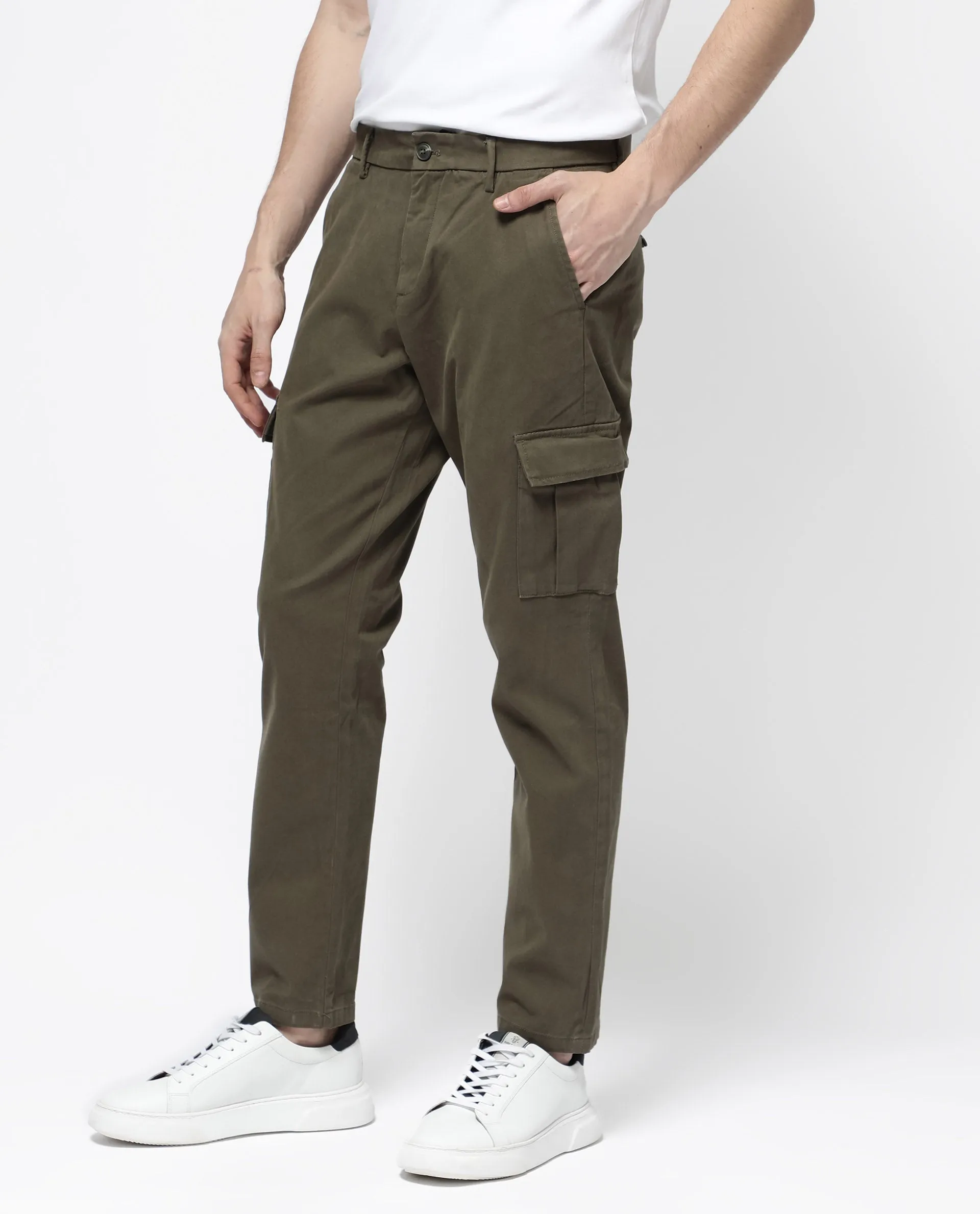 Rare Rabbit Mens Apex Olive Cotton Linen Solid Cargo Style Regular Fit Trouser