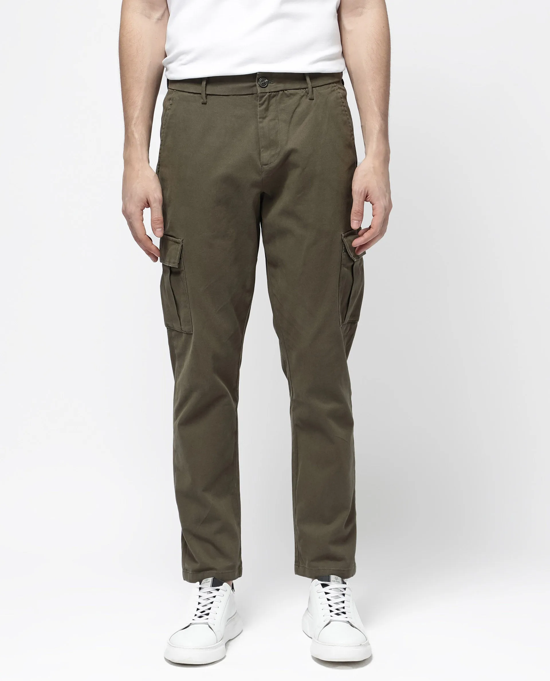 Rare Rabbit Mens Apex Olive Cotton Linen Solid Cargo Style Regular Fit Trouser