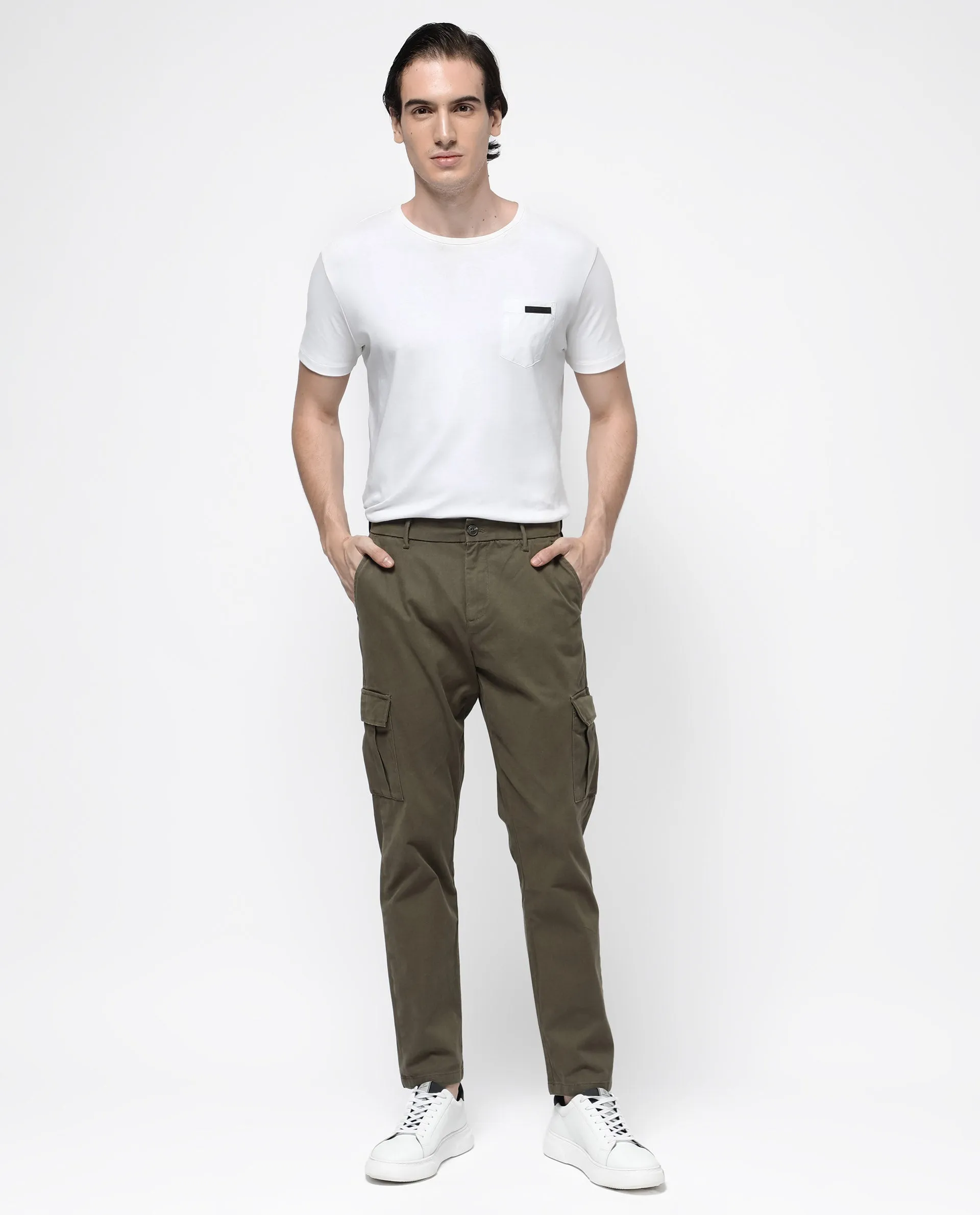 Rare Rabbit Mens Apex Olive Cotton Linen Solid Cargo Style Regular Fit Trouser