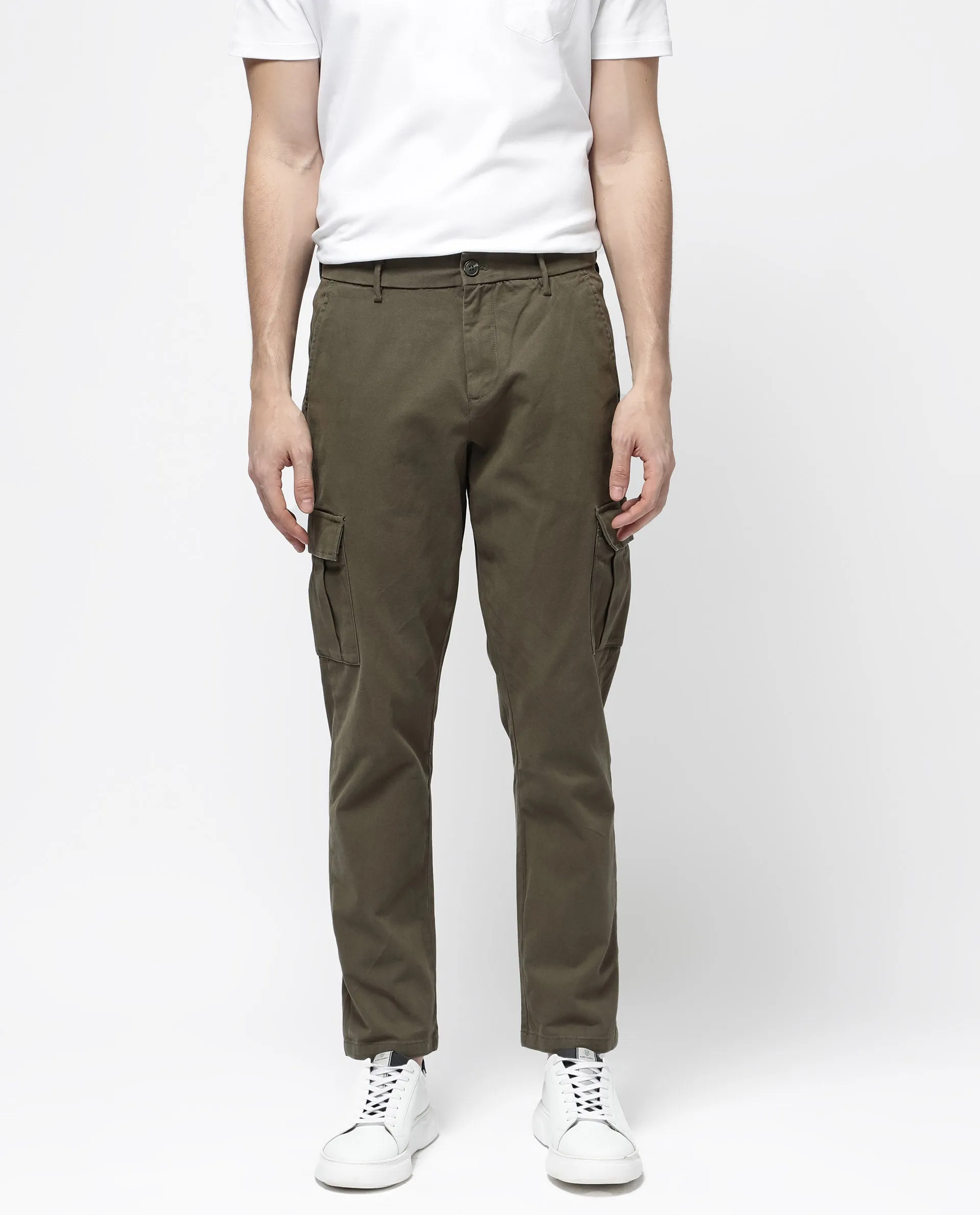 Rare Rabbit Mens Apex Olive Cotton Linen Solid Cargo Style Regular Fit Trouser