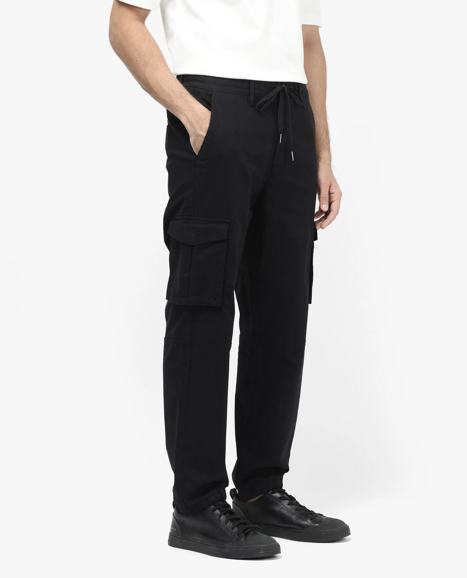 Rare Rabbit Men's Maks Black Drawstring Closure Mid-Rise Relaxed Fit Solid Trouser