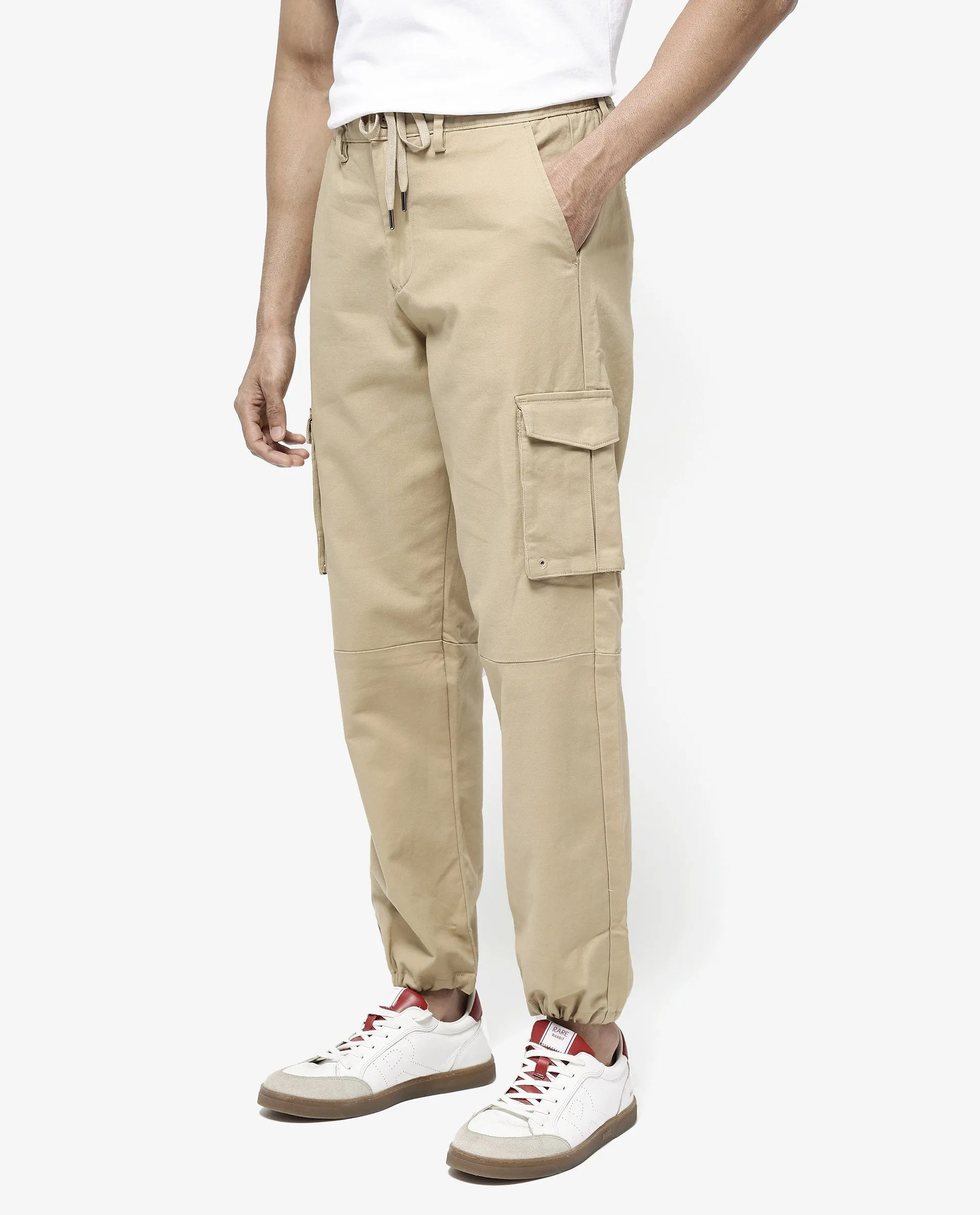 Rare Rabbit Men's Maks Khaki Drawstring Closure Mid-Rise Relaxed Fit Solid Trouser