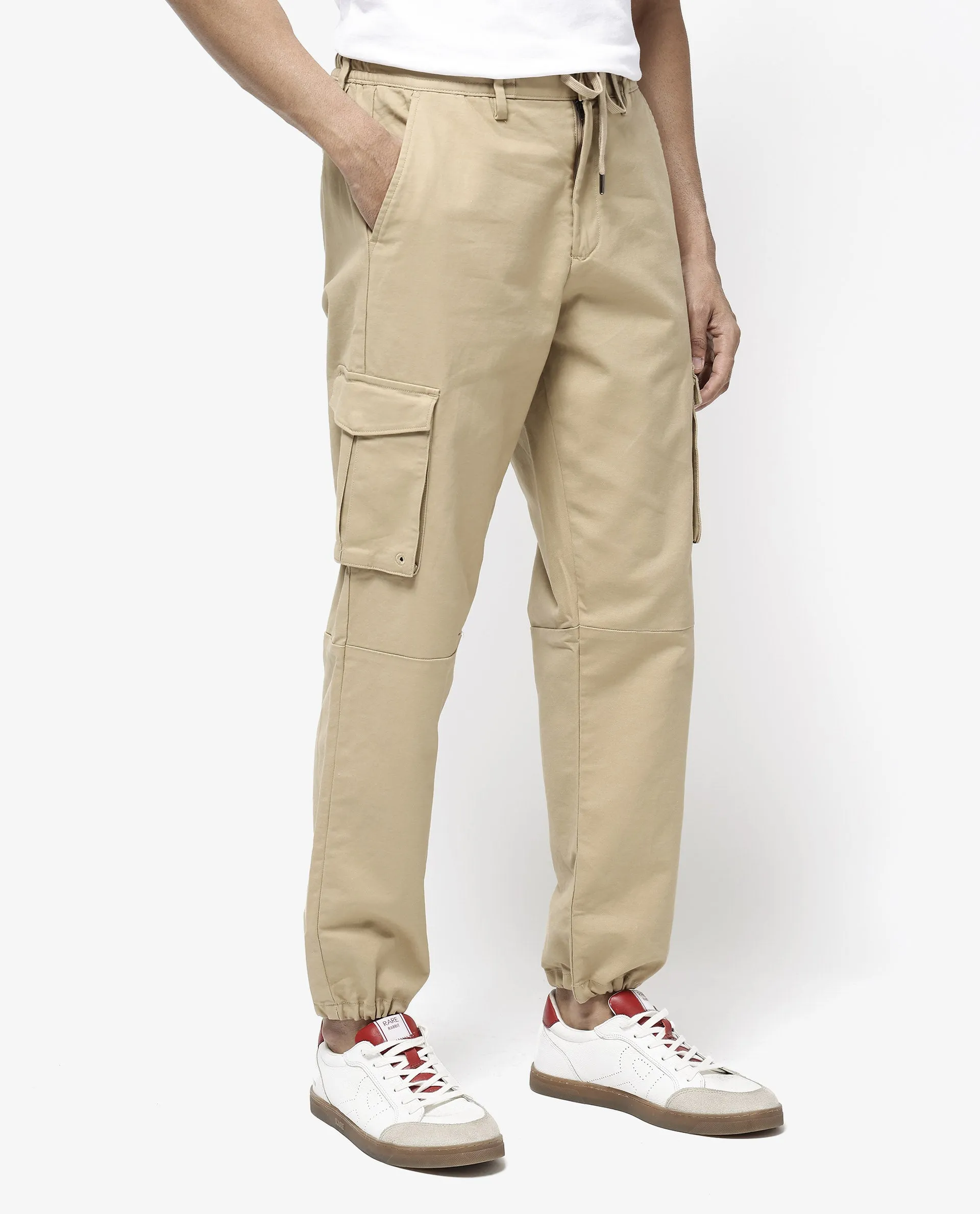 Rare Rabbit Men's Maks Khaki Drawstring Closure Mid-Rise Relaxed Fit Solid Trouser