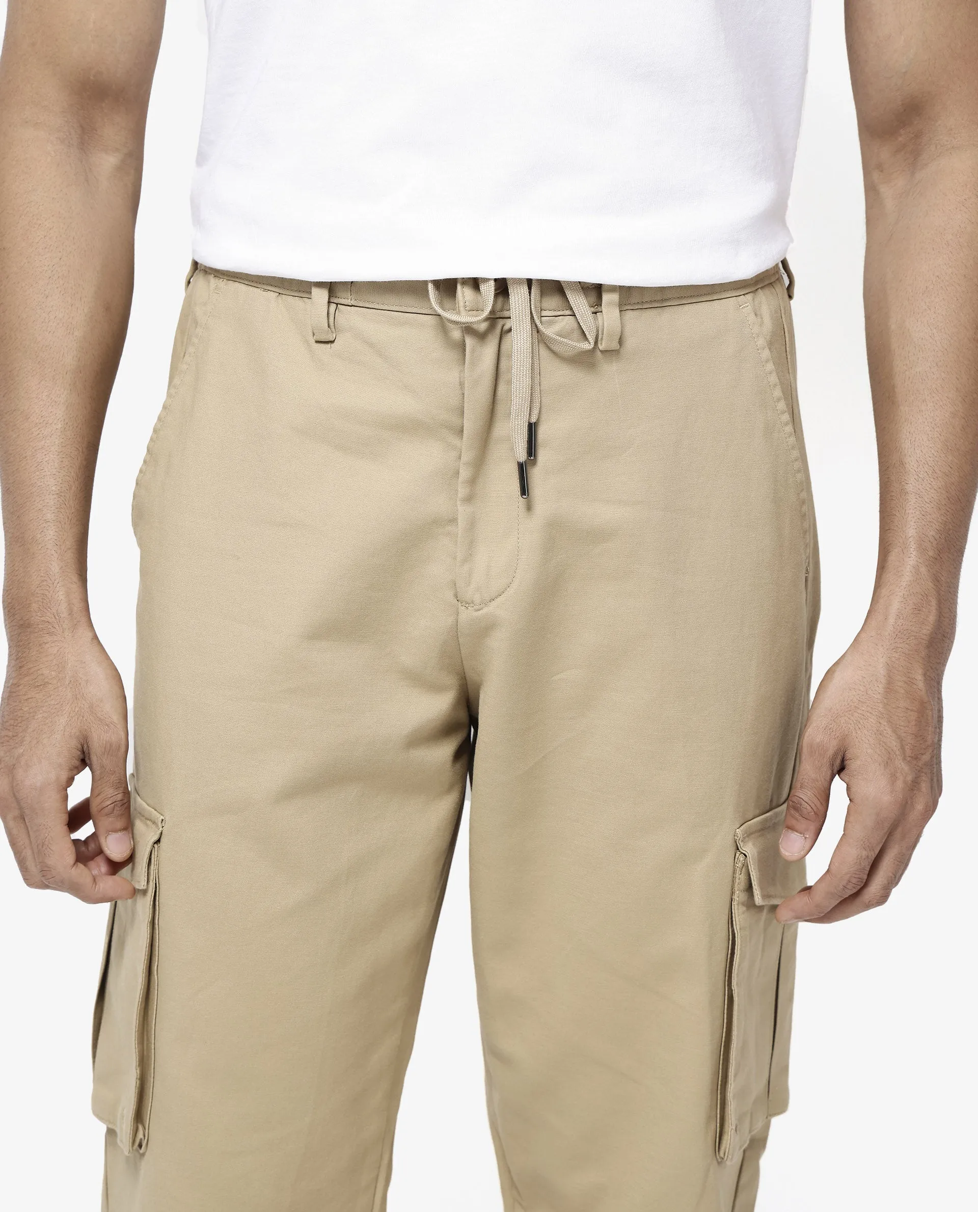 Rare Rabbit Men's Maks Khaki Drawstring Closure Mid-Rise Relaxed Fit Solid Trouser