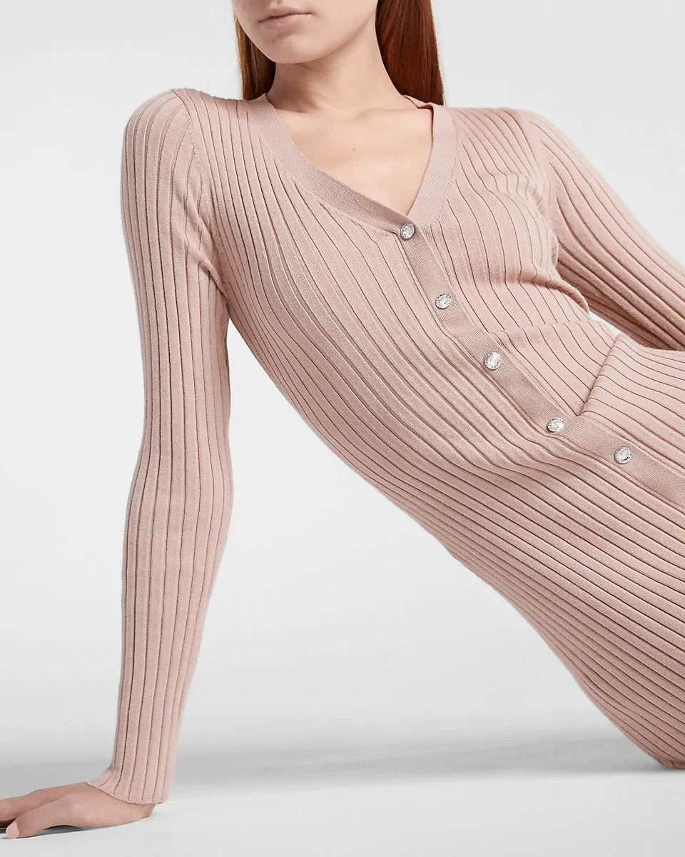 Ribbed Jewel Button Front Midi Sweater Dress in Blushing Mauve