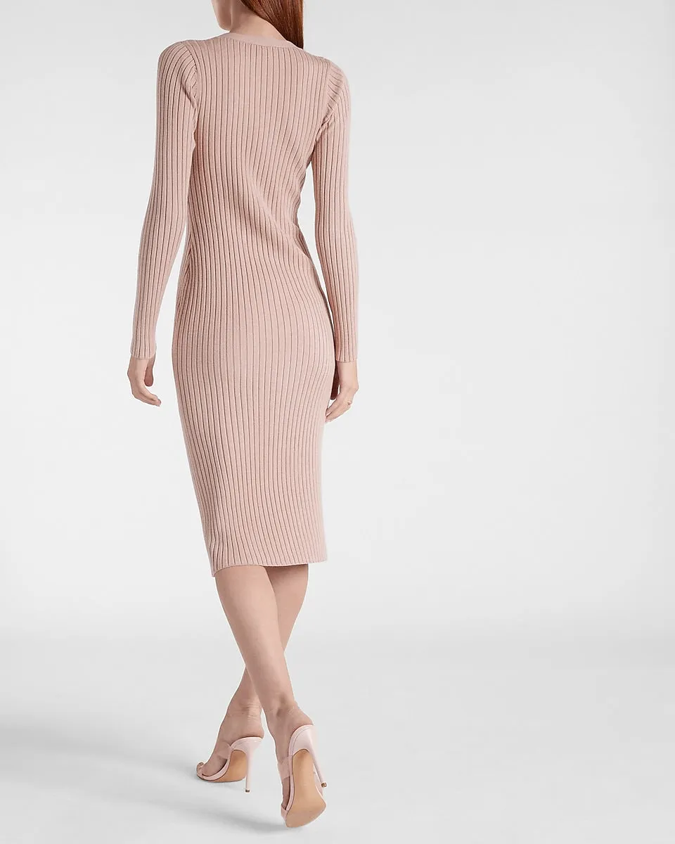 Ribbed Jewel Button Front Midi Sweater Dress in Blushing Mauve