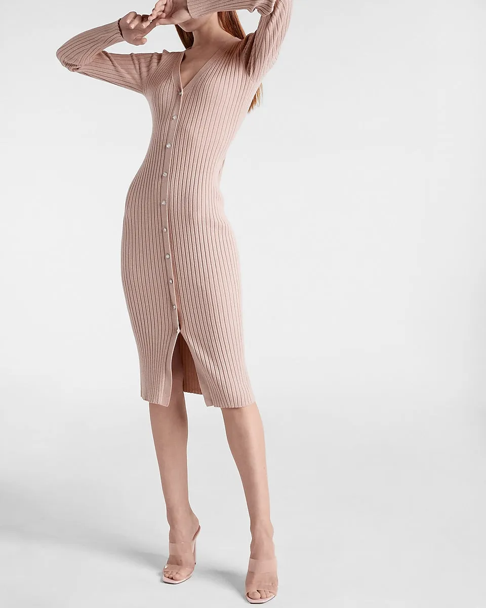 Ribbed Jewel Button Front Midi Sweater Dress in Blushing Mauve