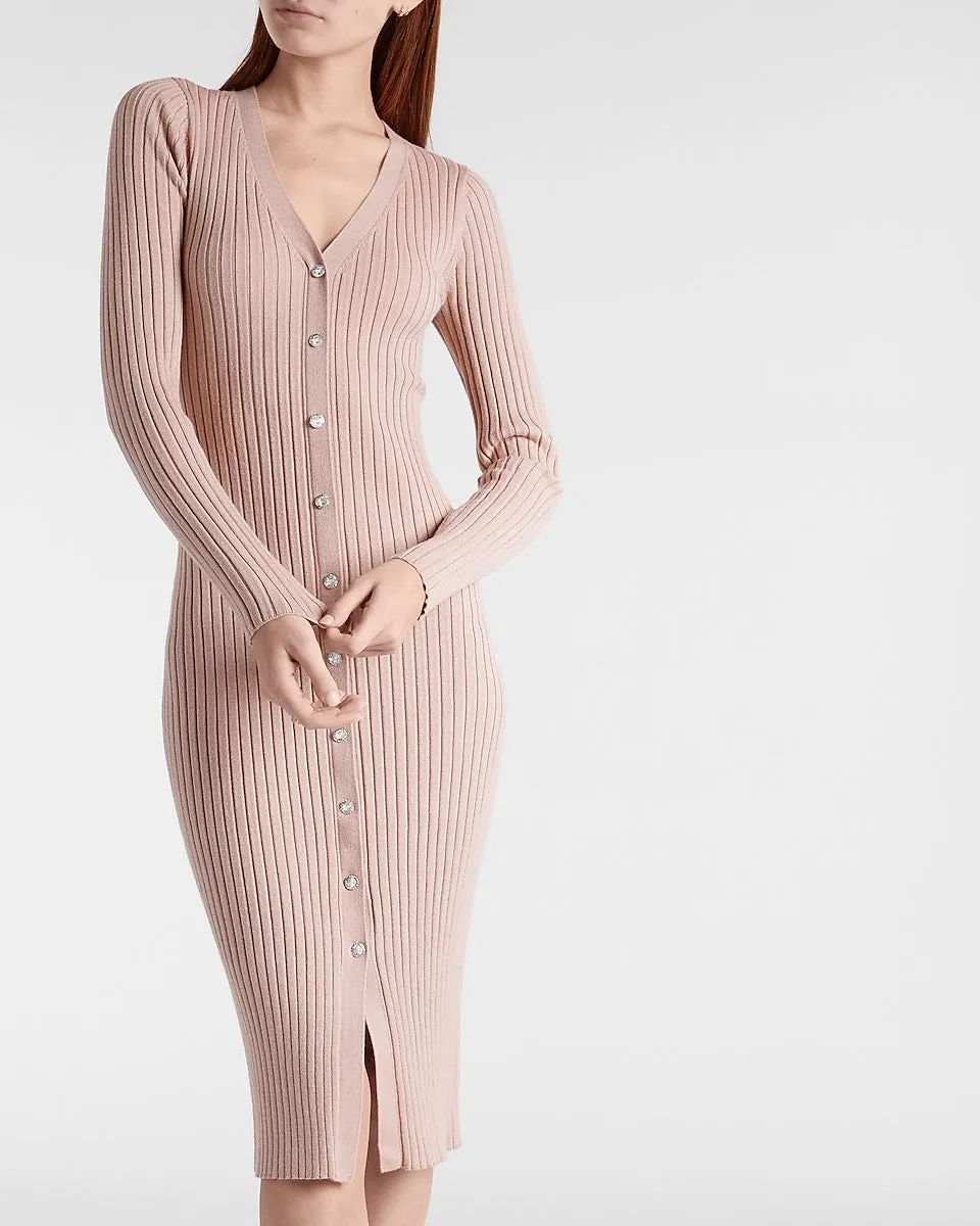 Ribbed Jewel Button Front Midi Sweater Dress in Blushing Mauve