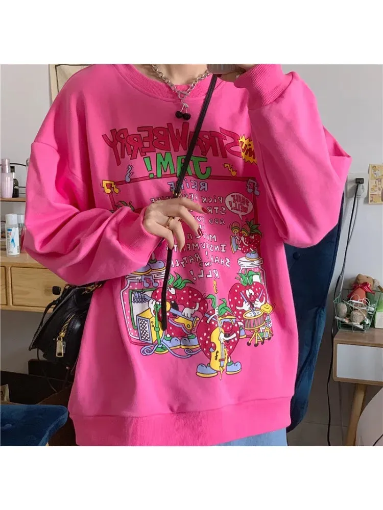 S-2XL Autumn Harajuku Retro Casual O-Neck Pullover Sweet Strawberry Print Top Women Loose Streetwear Sweatshirt High Quality