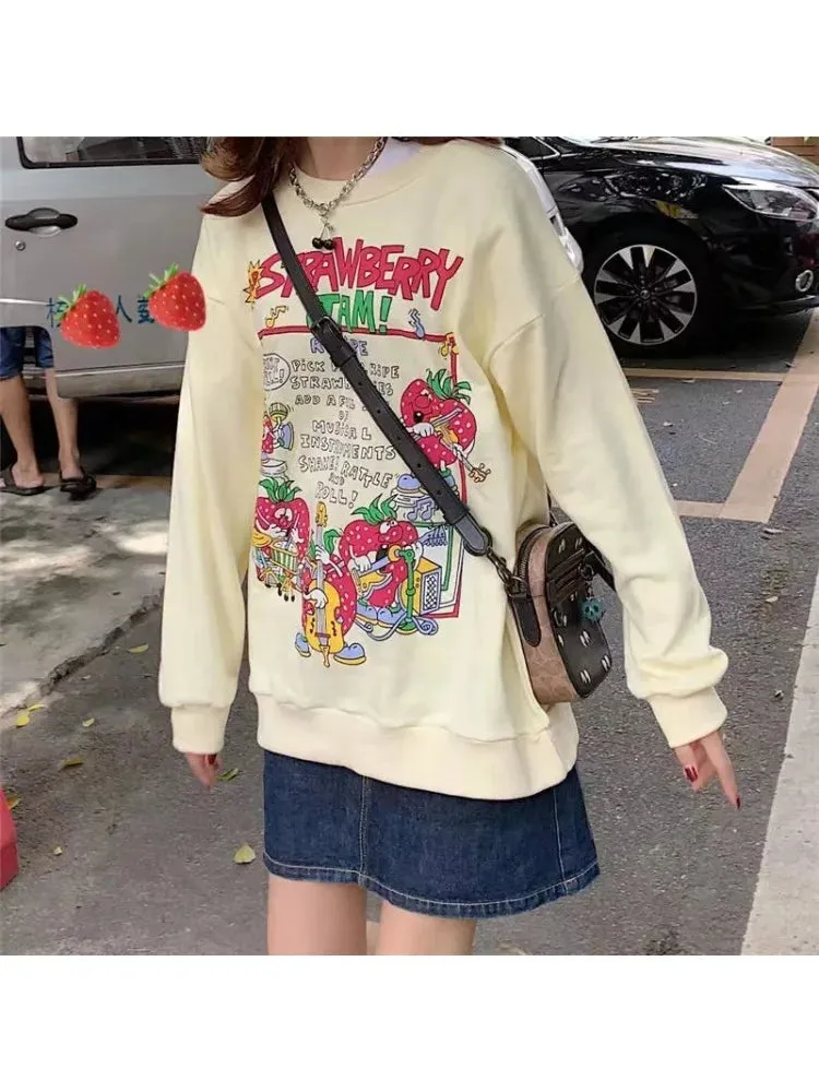 S-2XL Autumn Harajuku Retro Casual O-Neck Pullover Sweet Strawberry Print Top Women Loose Streetwear Sweatshirt High Quality