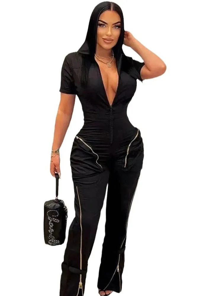 Safari Style Short Sleeve Zipper Pocket Cargo Jumpsuits