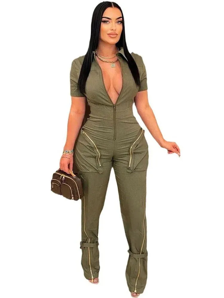 Safari Style Short Sleeve Zipper Pocket Cargo Jumpsuits