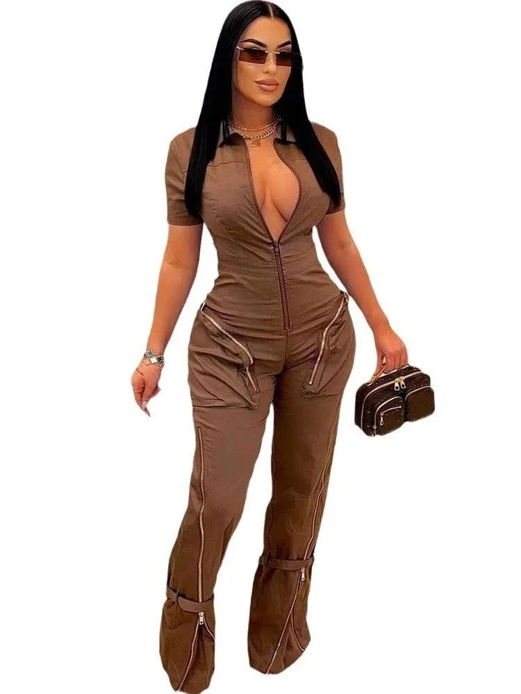 Safari Style Short Sleeve Zipper Pocket Cargo Jumpsuits