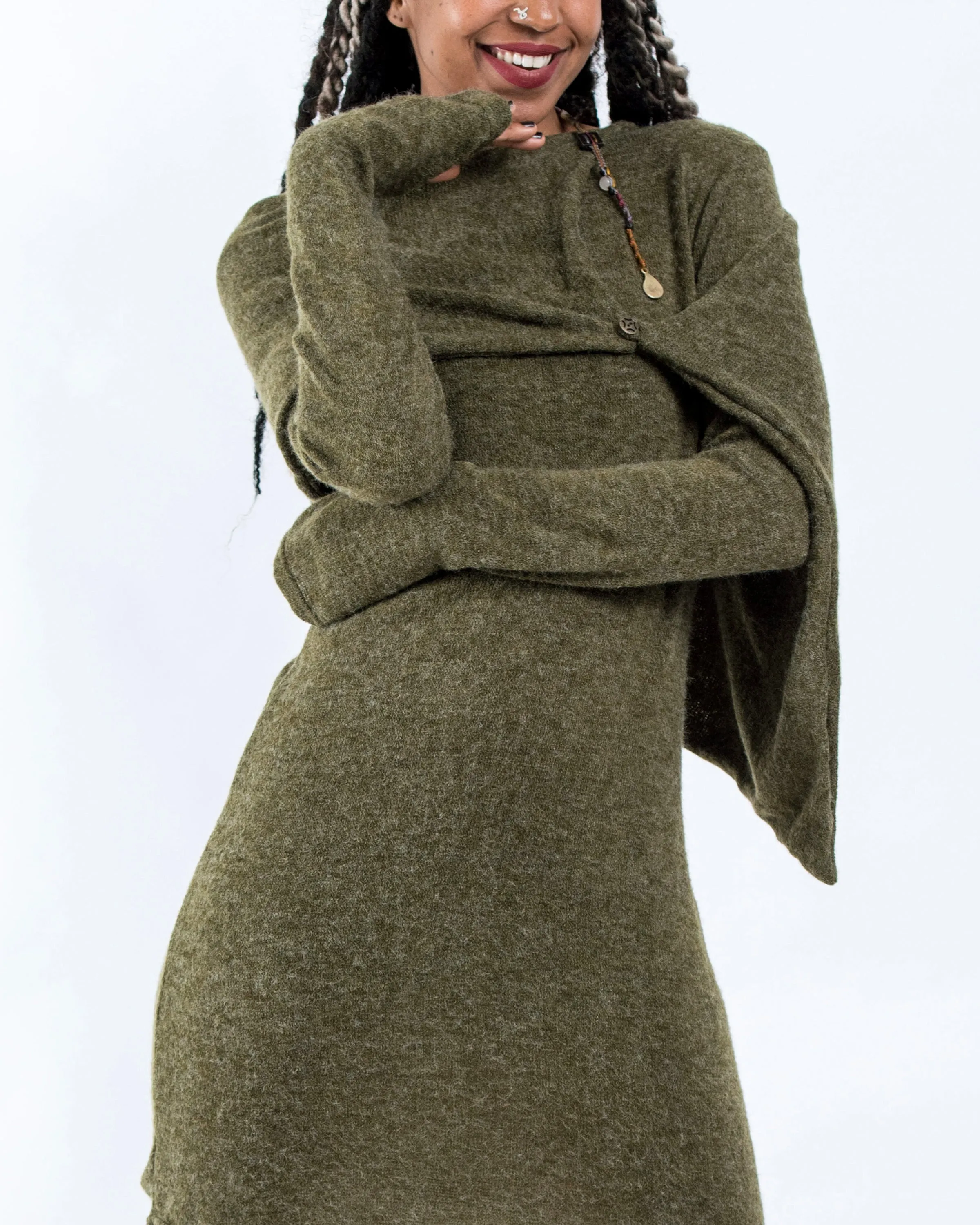 Shawl Hoodie Combo Sweater Dress in Green