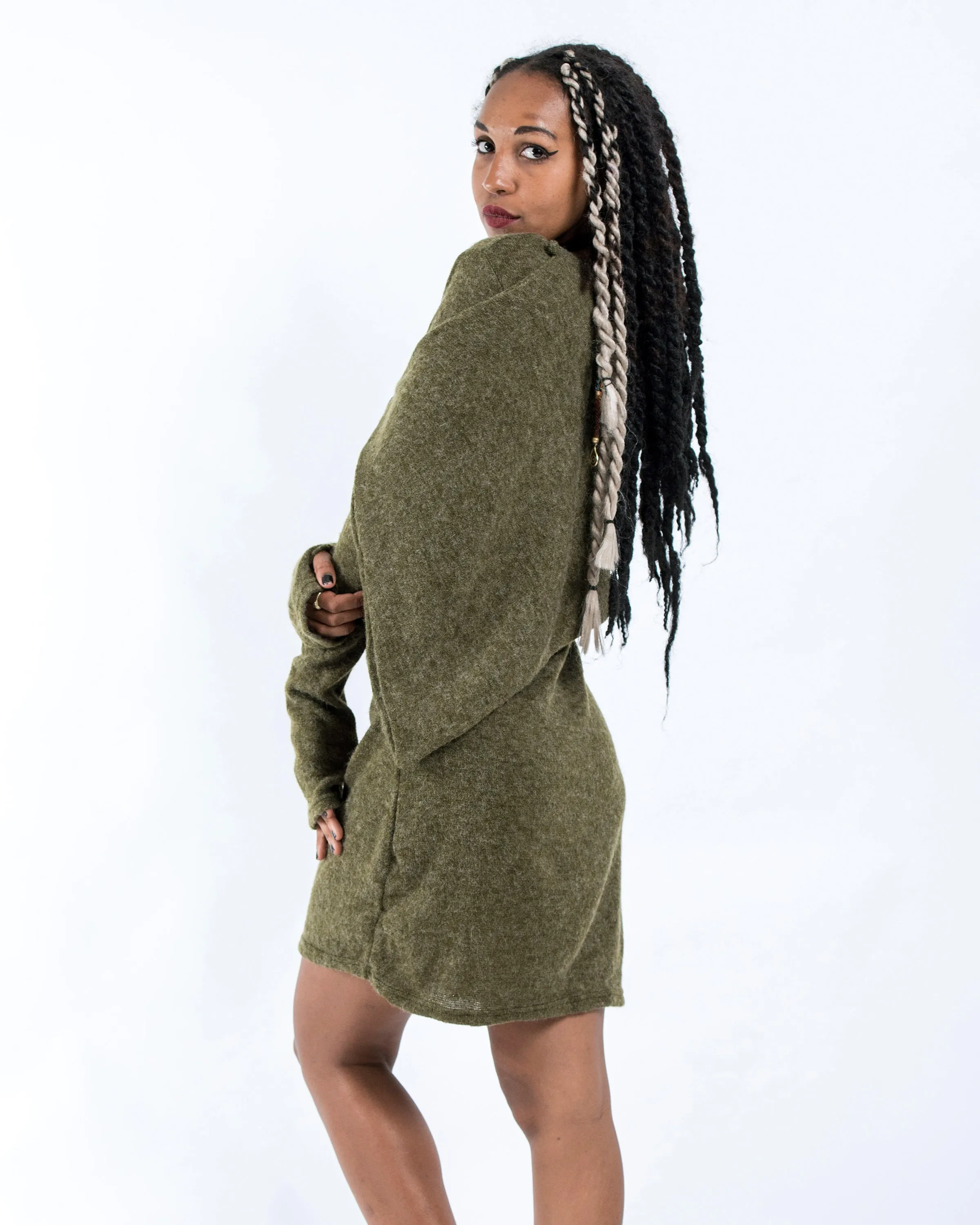 Shawl Hoodie Combo Sweater Dress in Green