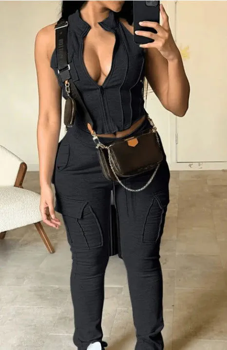 Sleeveless Deep Chesty V-neck Crop Top and Cargo Pants