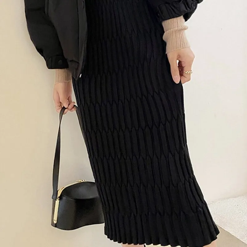 Slim Fit Elastic High Waist Knitted Mid-Calf Skirts