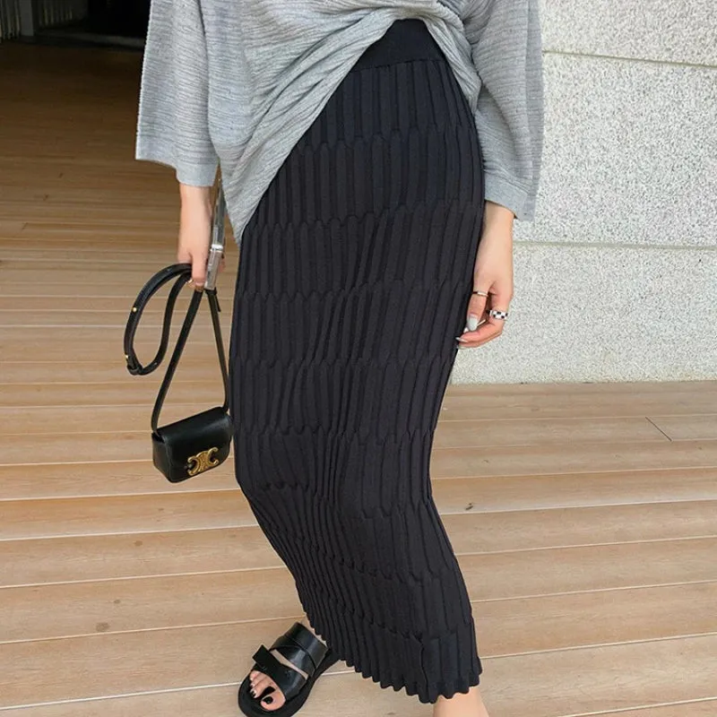 Slim Fit Elastic High Waist Knitted Mid-Calf Skirts