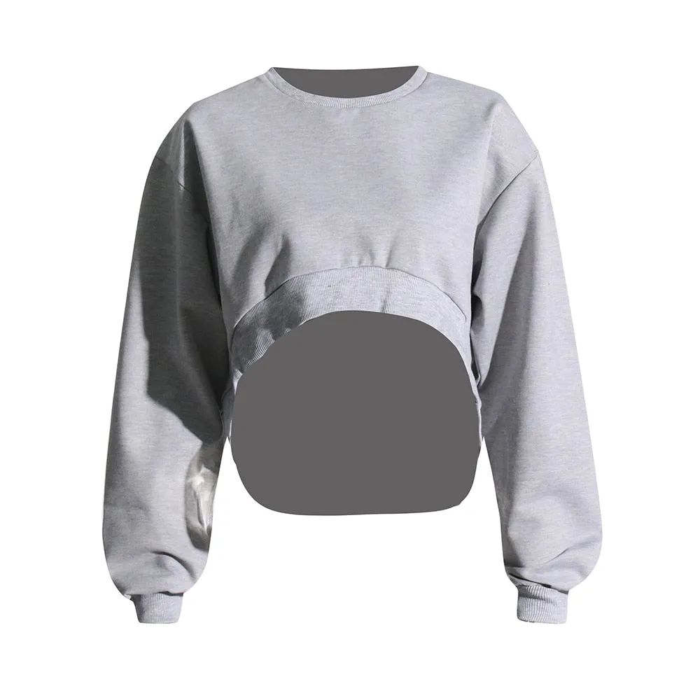 Solid Minimalist Asymmetrical Sweatshirts For Women Round Neck Long Sleeve Loose Chic Sweatshirt Female Clothing