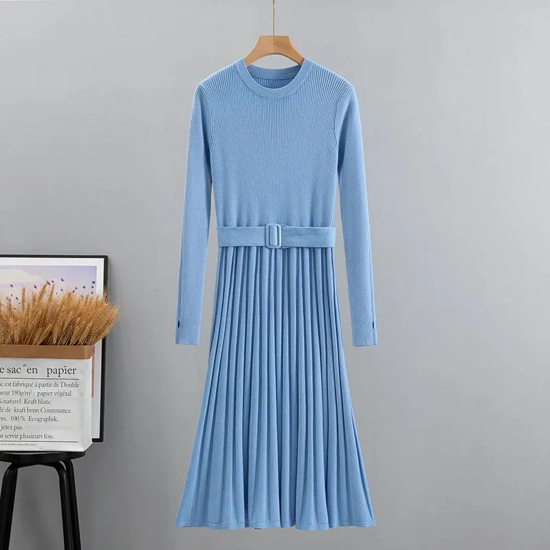 Stretchy Knitted Long Sleeve Pullover Belted Dresses