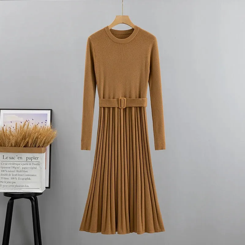 Stretchy Knitted Long Sleeve Pullover Belted Dresses