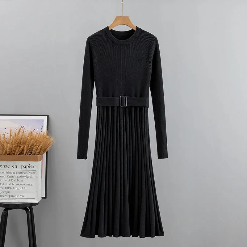 Stretchy Knitted Long Sleeve Pullover Belted Dresses