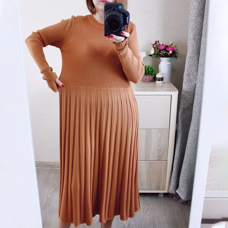 Stretchy Knitted Long Sleeve Pullover Belted Dresses